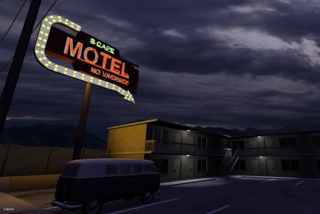 Motel de nuit avec enseigne lumineuse, voiture vintage et bâtiment délabré chez S-Cape Game
