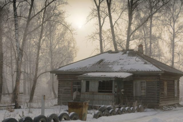 Cabane en rondins sous la neige entre des bouleaux, salle La cabane abandonnée chez Hidden Face à L'Isle-sur-la-Sorgue