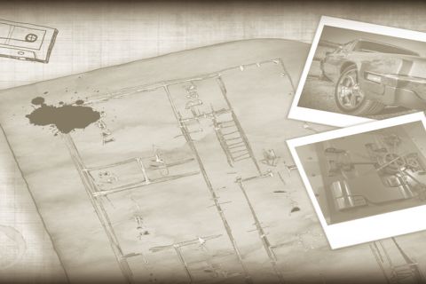 Plan de cambriolage avec photos polaroid et indices éparpillés, thème braquage