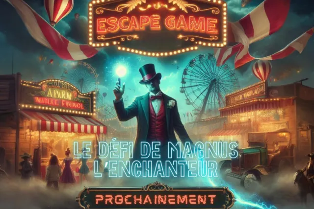 Affiche Le défi de Magnus l'enchanteur : magicien en haut-de-forme devant une fête foraine