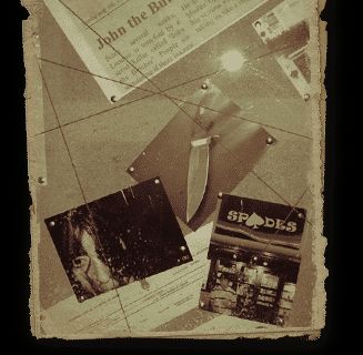 Coupures de presse, couteau et photos épinglées sur une affiche sépia, titre L'affaire Cunningham, Get Out à Cherbourg-en-Cotentin