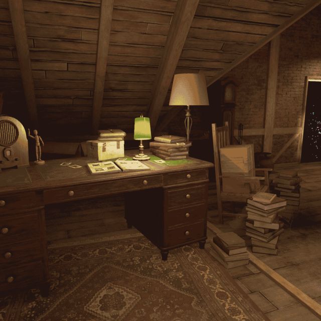 Grenier en bois avec bureau ancien, lampe, livres empilés et porte ouverte, salle Escape The Worlds chez Inoui VR