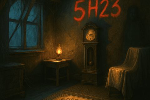 Pièce sombre à horloge et lampe, inscription rouge 5H23 sur le mur, salle 5h23 chez Cortex Escape à Annemasse