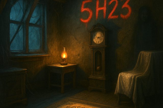 Pièce sombre à horloge et lampe, inscription rouge 5H23 sur le mur, salle 5h23 chez Cortex Escape à Annemasse