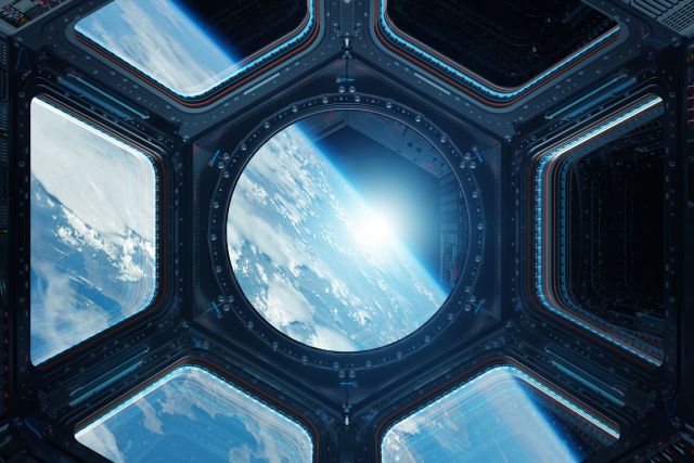 Hublot hexagonal de station spatiale ouvrant sur la Terre, salle Spacelock chez Virtuoz Escape à Mérignac