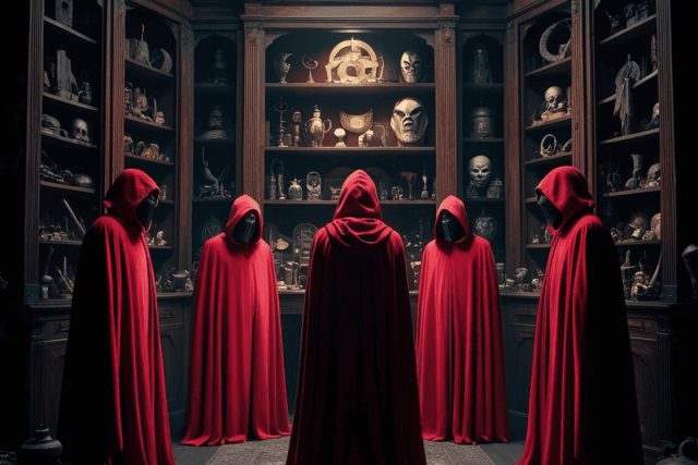 Cinq silhouettes en capes rouges face à des vitrines d'artefacts sombres, chez Les Mondes d'Ailleurs à Ifs