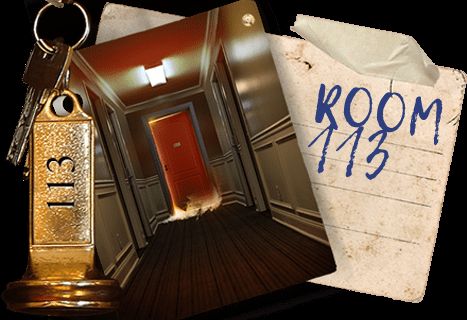 Clé d'hôtel numérotée 113 devant un couloir aux portes rouges, étiquette Room 113, salle Room 113 chez Artimus à Paris