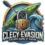 Logo de Clécy Évasion, escape game à Clécy, avec cadenas, jumelles et vagues stylisées