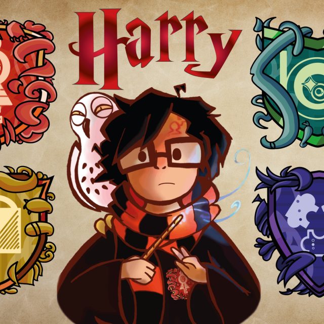 Jeune sorcier à lunettes entouré de quatre blasons colorés sur fond de parchemin, salle Harry chez Enigma Run à Saint-Denis