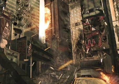 Rue de Manhattan en flames, buildings en feu, voiture jaune, décor apocalyptique dans Incendie à New York