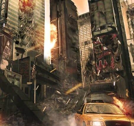 Rue de Manhattan en flames, buildings en feu, voiture jaune, décor apocalyptique dans Incendie à New York