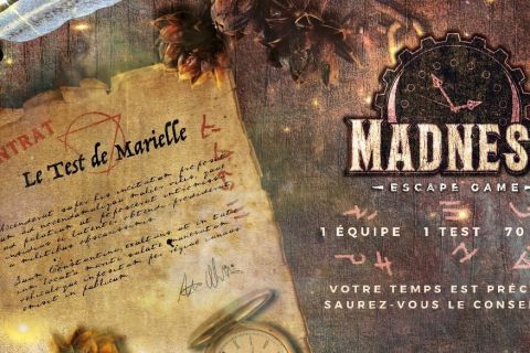 Parchemin Le test de Marielle, titre Madness escape game, 1 équipe 1 test 70 minutes, salle chez Madness escape à Pau
