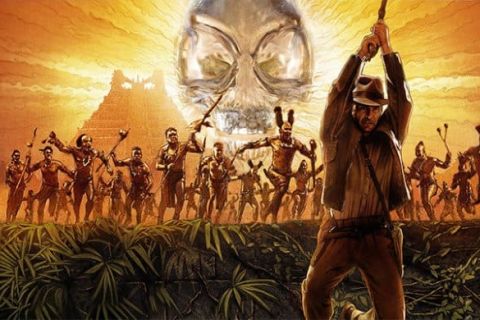 Aventurier au chapeau brandissant une pioche devant un crâne de cristal géant et des guerriers, salle Can You Escape