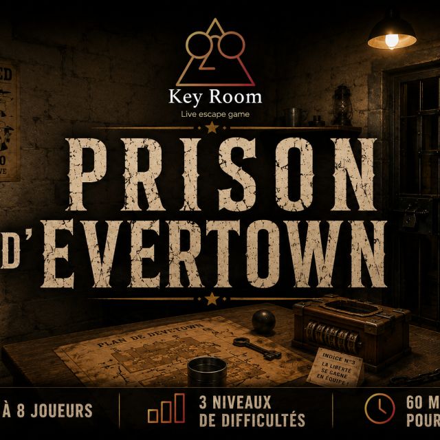Cellule aux barreaux éclairée par une lampe, affiche Key Room de la Prison d'Evertown