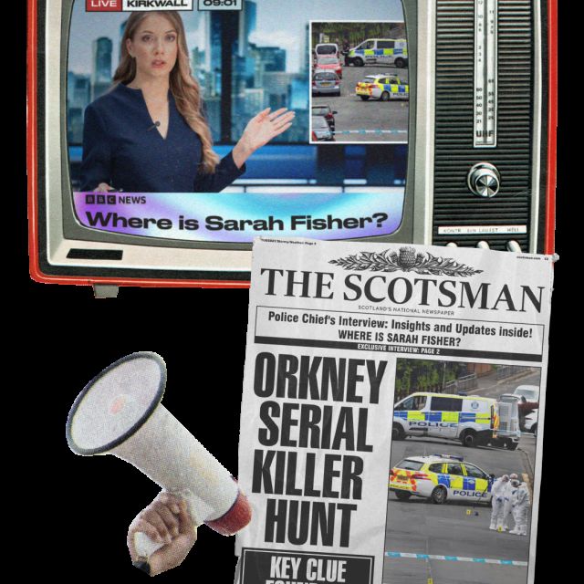 Journal télévisé et une de journal sur la disparition de Sarah Fisher, Botanist Manor