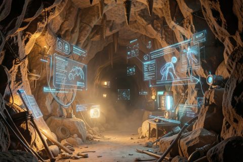 Grotte éclairée par des écrans holographiques bleus, visuel de la mission Préhistoire Tech