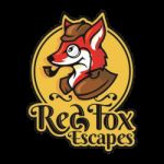 Logo de Red Fox Escapes, renard roux stylisé tenant une clé sur fond doré