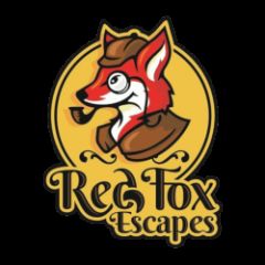 Logo de Red Fox Escapes, renard roux stylisé tenant une clé sur fond doré