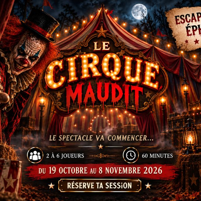 Chapiteau illuminé et clown grimaçant, affiche Key Room du Cirque Maudit à Beynost