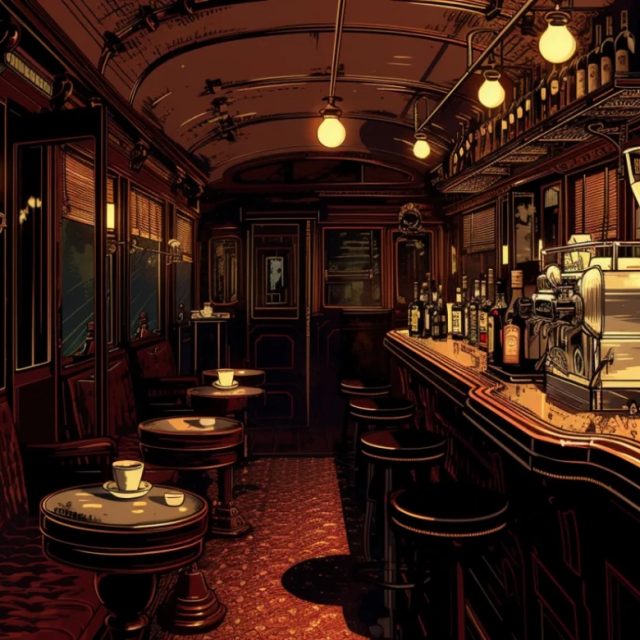 Wagon-bar au comptoir boisé et tables rondes, salle Enquête à bord de l'Orient-Express chez Smart Escape Game
