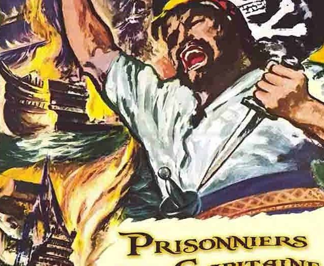 Affiche vintage de pirates en action, feu et combat à bord, thème des Prisonniers du Capitaine COGANN