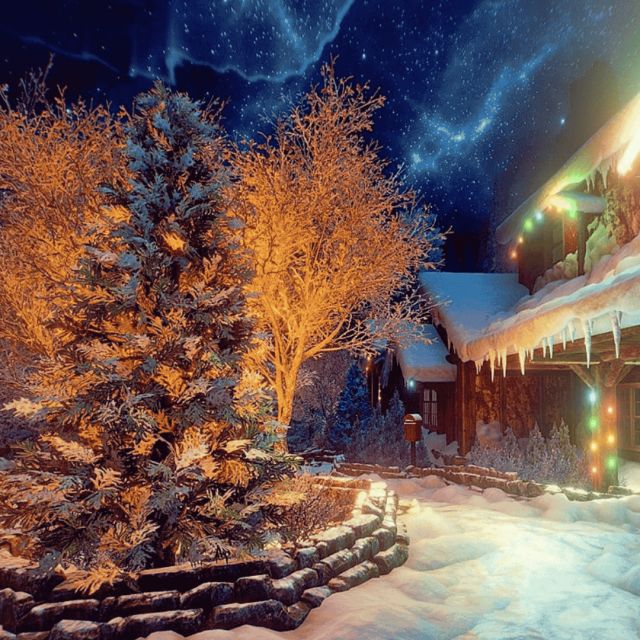 Sapin enneigé orné de lumières devant des chalets décorés, nuit étoilée, décor virtuel de la salle Christmas chez Inoui VR