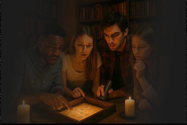 Quatre joueurs étudient une énigme à la lumière des bougies chez The Dreamer