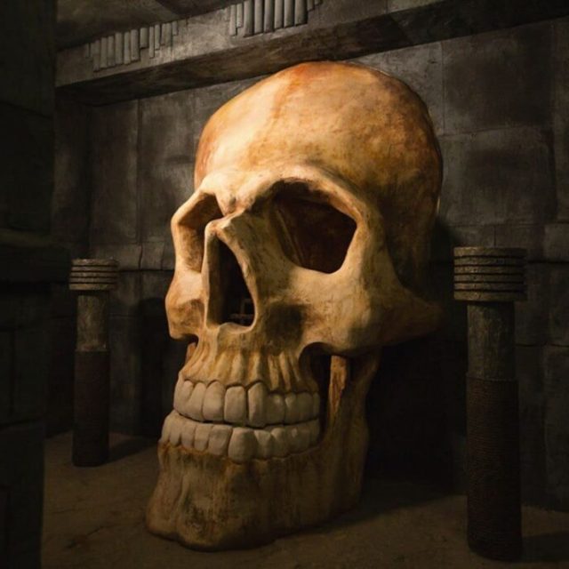 Énorme crâne en pierre au fond d'un couloir sombre, décor de la salle Indiana chez One O'Clock
