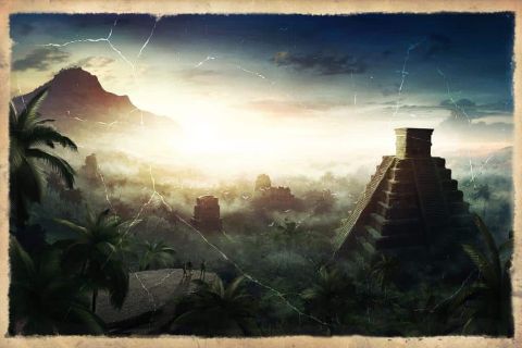 Ruines mayas dans la jungle avec éclairs et explorateurs au temple maya d'Enygma