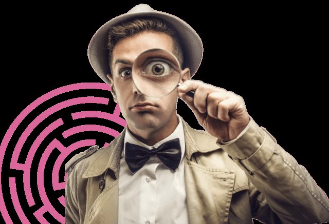 Personnage en costume vintage avec loupe et labyrinthe rose, thème enquête LE GANG DU CAPITAINE LENOIR