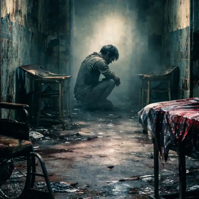 Silhouette accroupie dans une chambre d'hôpital abandonnée avec fauteuil roulant, salle Le Retour de Sherlock Holmes, Bibliogame