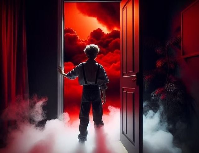 Garçon de dos à bretelles devant une porte ouverte sur un ciel rouge, salle Bienvenue à Hawkins, Time Adventure