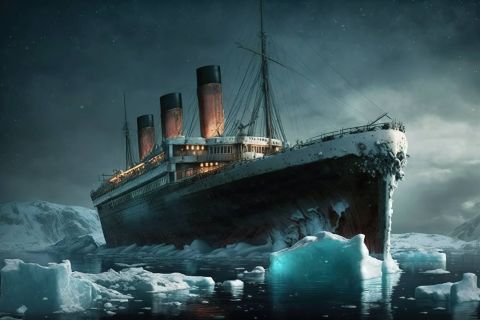 Paquebot Titanic aux cheminées éclairées entouré de glace sous un ciel sombre, salle Titanic, Prisme Escape Game