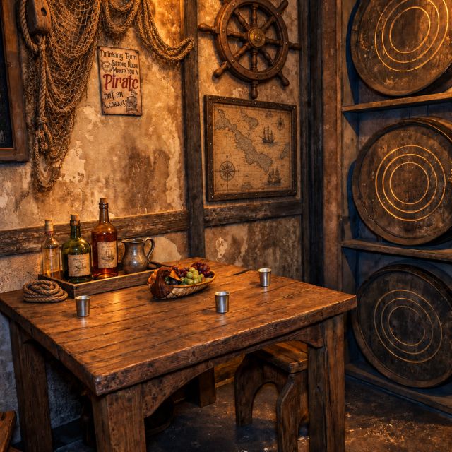 Décor de cabine de pirate avec table en bois, bouteilles, carte ancienne et tonneaux