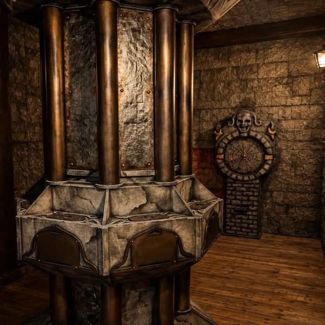Pièce de pierre aux colonnes de bois ouvragées et blason mural, salle La prophétie des sorciers chez Freeing à Chambly