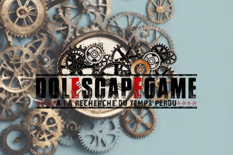 Logo Dolescapegame, à la recherche du temps perdu : engrenages de cuivre sur fond bleu pâle, enseigne de Dole