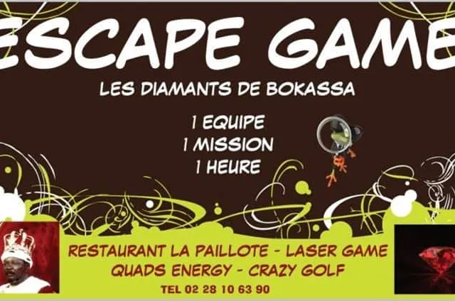 Affiche de jeu d'évasion avec diamants rouges, décor jungle et personnage en costume chez Escape Game Noirmoutier