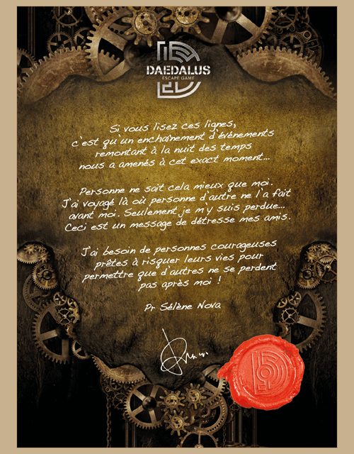 Lettre manuscrite sur fond steampunk avec engrenages dorés chez Daedalus Escape Game
