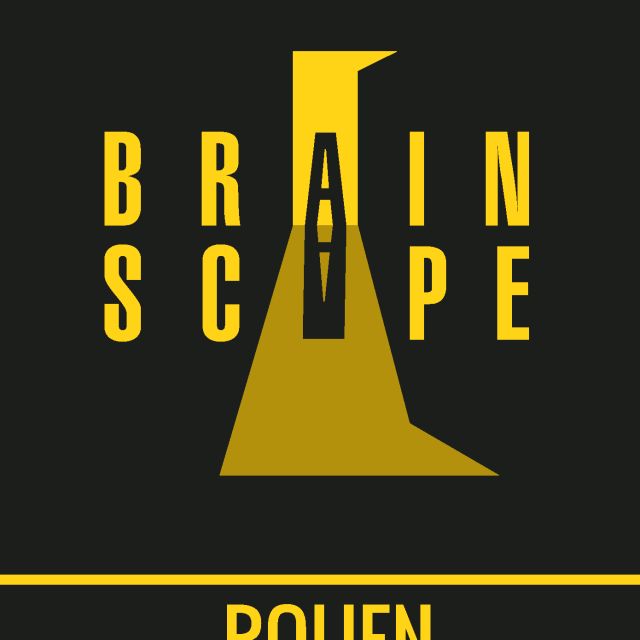 Logo de BrainScape, escape game à Rouen, avec cercueil et faisceau lumineux jaune