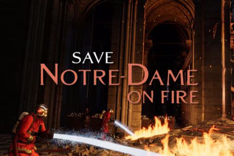 Affiche Save Notre-Dame on Fire : pompier en tenue rouge et jet d'eau face aux flammes dans une cathédrale, salle chez Inoui VR