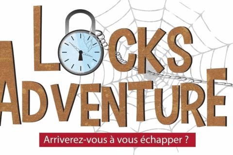 Logo de Locks Adventure à Schweighouse-sur-Moder : cadenas à horloge, toile d'araignée et lettres brunes