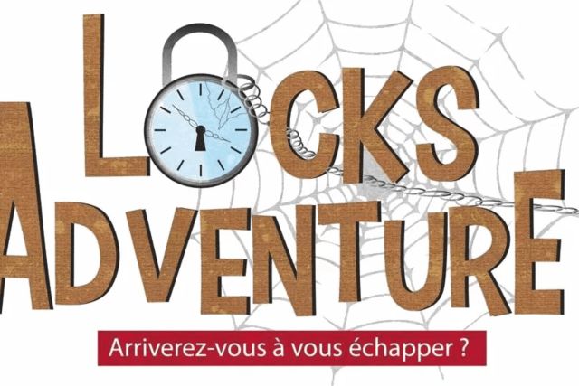 Logo de Locks Adventure à Schweighouse-sur-Moder : cadenas à horloge, toile d'araignée et lettres brunes