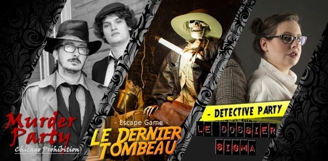 Trois enquêteurs en costume vintage dans une ambiance film noir et détective chez Atelier Brooklyn à Toulouse