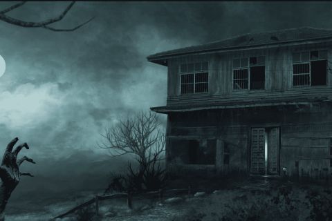 Maison abandonnée décorée en ruines sous ciel orageux, dans la salle Oh No… Zombies