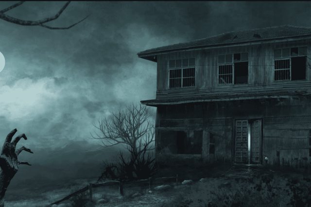 Maison abandonnée décorée en ruines sous ciel orageux, dans la salle Oh No… Zombies