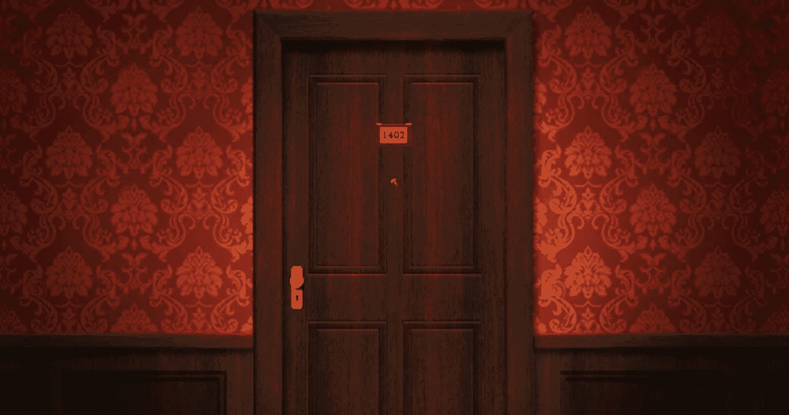 Porte en bois numéroté 1402 sur papier peint damassé rouge dans La chambre 1402