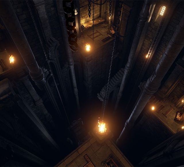 Vue plongeante vers le fond d'une tour sombre éclairée de lanternes, salle Time Travel Chapter 1, Virtual Room à Saran
