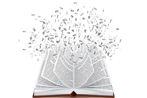 Livre ouvert avec caractères et chiffres s'envolant, thème littéraire chez O P'tit Monde de Rico
