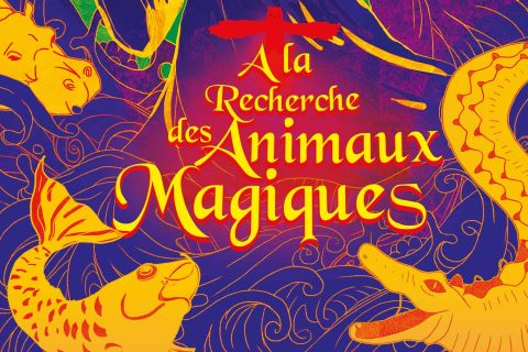 Titre À la recherche des animaux magiques entouré de poissons et d'un crocodile jaunes
