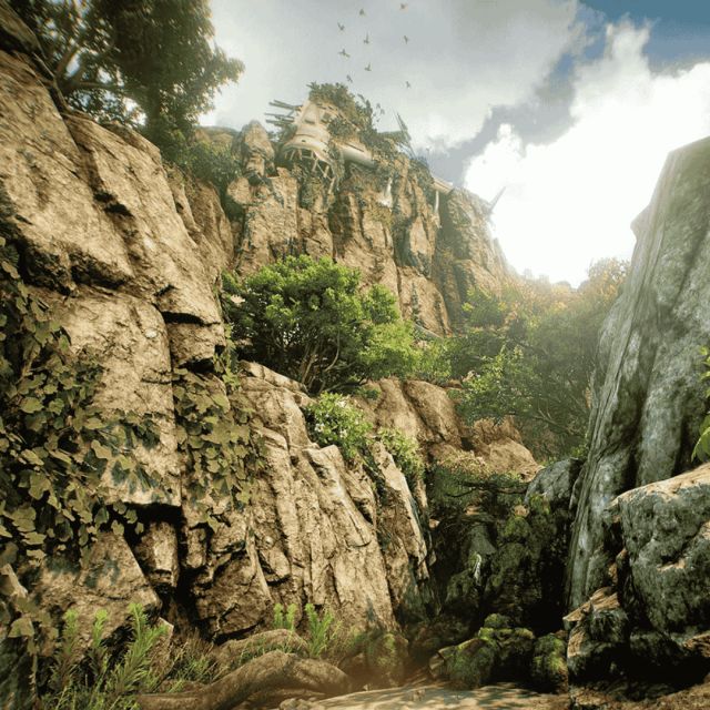 Gorge rocheuse couverte de végétation sous un ciel clair, décor virtuel de la salle Survival chez Inoui VR